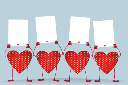 Red hearts with legs and hands holding empty blanks  pages for your text or advertisement.Greeting card on Valentine's Day. Vector illustration on a blue backgroundのイラスト素材
