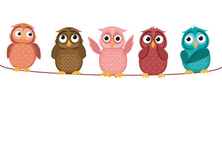 Five cute colored owlet sitting on a rope. A red hearts with a picture hanging on a rope.  Valentine's Day. Vector illustration. Greeting card with empty space for the label or advertising.のイラスト素材