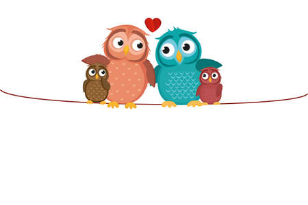 Lovely couple sitting owl on the rope with children owlet. Family of birds on top of a heart. Greeting card for the holiday. Vector illustration.のイラスト素材