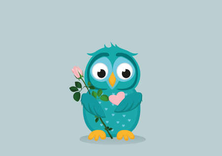 Cute blue owlet waiting to give a  of flower pink rose and heart as a gift for Valentine's Day. Greeting card. Empty space for your text or advertisement. Vector illustration on a grey backgrounのイラスト素材