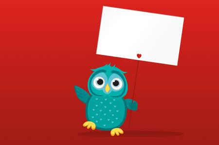 Cute colored owlet holding a blank poster Blenk for your text or advertisement. Greeting card for the holiday. Vector illustration on a red backgroundのイラスト素材