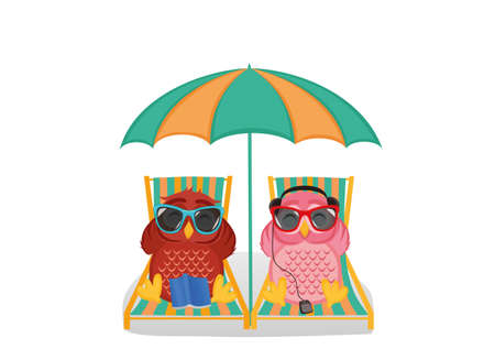 Cute two owls with sunglasses on vacation lying down on the beachのイラスト素材