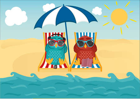 Cute two owls with sunglasses on vacation lying down on the beachのイラスト素材