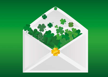 Envelope with green clover inside. St.Patrick 's Day. Vector illustration. Greeting card with empty space for text or advertising.のイラスト素材