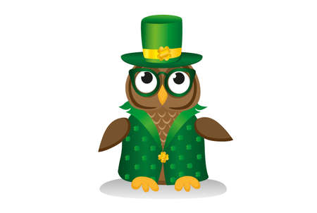 Owl in traditional green suit and glasses on the day of Patrick. Greeting card with owlet. Free space for your ad or text. Vector illustration on green backgroundのイラスト素材