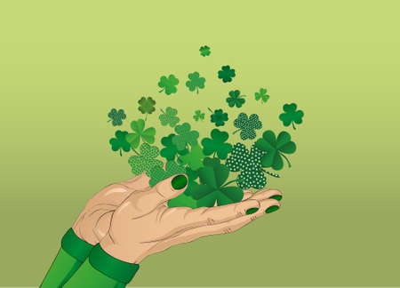 The gesture of the open hand. From the hands of fly sheets clover. Patrick's day. Greeting card. Vector illustration. Empty space for text labels and advertisingのイラスト素材