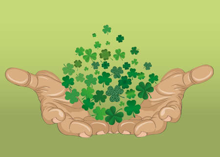 The gesture of the open hand. From the hands of fly sheets clover. Patrick's day. Greeting card. Vector illustration. Empty space for text labels and advertisingのイラスト素材