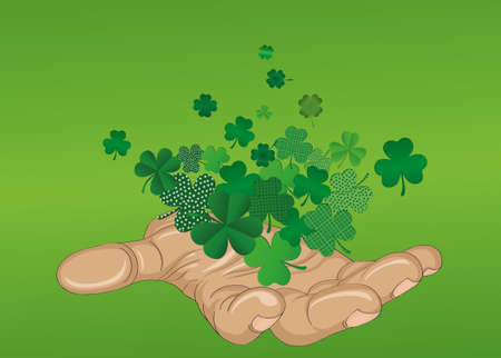 The gesture of the open hand. From the hands of fly sheets clover. Patrick's day. Greeting card. Vector illustration. Empty space for text labels and advertisingのイラスト素材
