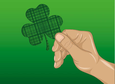 Hand holds ornate clover tree-leaf. Celebration concept St. Patrick's Day. Greeting card. Vector illustration on a green background. Free space for your text and labelsのイラスト素材