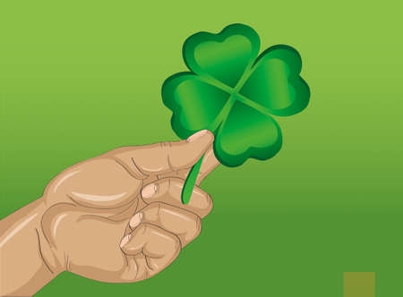 Hand holds ornate clover tree-leaf. Celebration concept St. Patrick's Day. Greeting card. Vector...