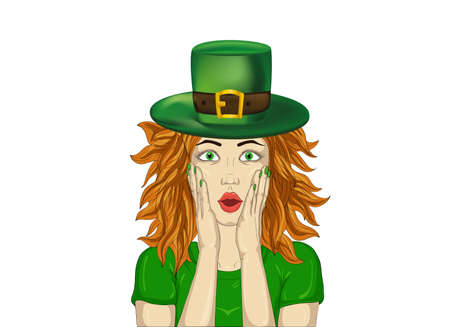 Wow. Girl in hat  hat  St. Patrick's Day, very surprised. Young woman with her mouth open in shock. Everyone needs to buy gifts for the holiday. Portrait in a pop art style.のイラスト素材
