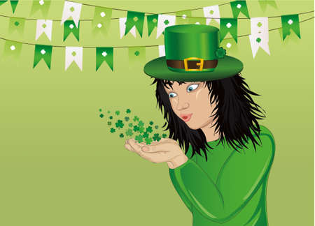 Wow! Happy girl in a hat and suit clover blows with their hands. Card for St. Patrick's Day. Vector illustration. Portrait of a child on a green background with a garland of flags.のイラスト素材