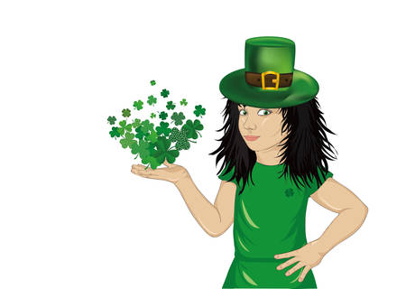 Little girl in the national costume for St. Patrick's Day, from the hands of fly-leaf clover. The open palm. Portrait of a child in a pop art style. Vector illustration.のイラスト素材