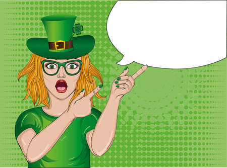 The girl in national costume and hat on St. Patrick's Day on the background of garlands of flags with clover. Pop-art style with Thought Bubbles. Wow. Beautiful sexy woman. She's in shock. Vector illustrationのイラスト素材