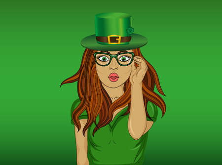 The girl in national costume and hat on St. Patrick's Day with clover. Pop-art style. Wow. Beautiful sexy woman on a green background. She's in shock. Vector illustrationのイラスト素材