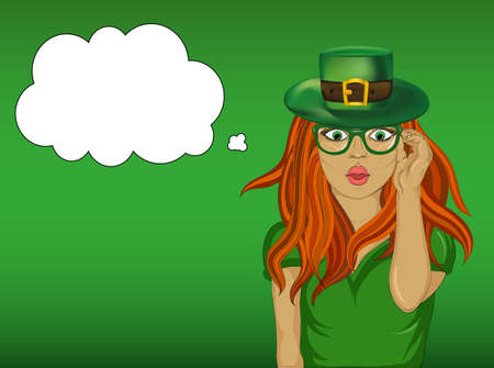 The girl in national costume and hat  with clover on St. Patrick's Day . Pop-art style with Thought Bubbles. Wow. Beautiful sexy woman. She's in shock. Vector illustrationのイラスト素材