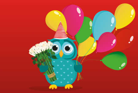 A happy owl with sultry balloons and a bouquet of flower design template.のイラスト素材