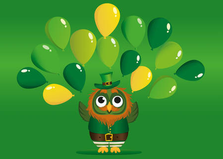 A happy owl with a beard in a suit and a hat on St. Patrick's Day smiles and throws a lot of green balloons. Greeting card or invitation. Vector illustration. Empty space for text labels and advertisingのイラスト素材