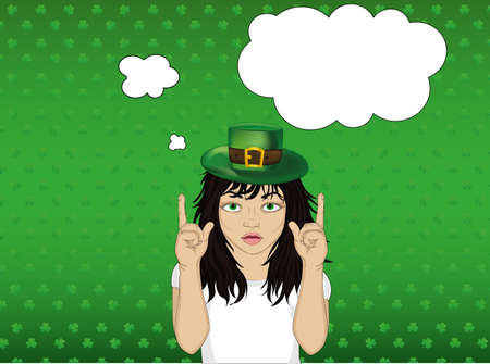 Enthusiastic girl in hat for St. Patrick's Day holiday. Hands show thumbs up. New idea. Vector. Empty space for advertising. Thought Bubblesのイラスト素材