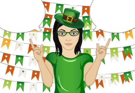 Girl in national costume and green hat on St. Patrick's Day holiday, smiling and hand pointing fingers to the side. Vector on the background of a garland of flags. Empty place for advertising or textのイラスト素材