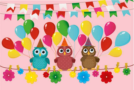 Three lovely owls sit on a rope and hold balloons. Hanging on clothespins are colored paper flowers. Holiday Birthday. Vector. Invitation to a holiday. Greeting card with blank space for labeling or advertising.のイラスト素材