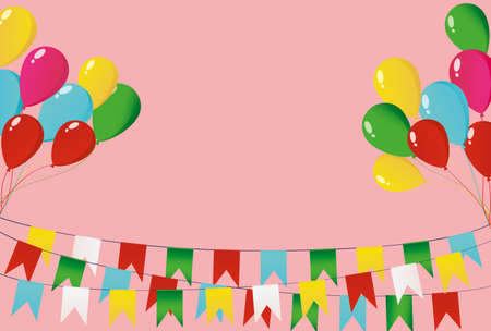Colorful oatmeal on a rope with balloons. Garland of flags. Greeting card or birthday invitation. Empty space for text or your advertisementのイラスト素材