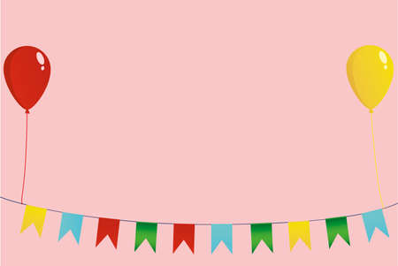 Colorful oatmeal on a rope with balloons. Garland of flags. Greeting card or birthday invitation. Empty space for text or your advertisementのイラスト素材