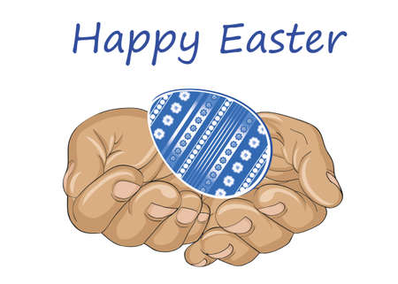 Hands open palms hold the Easter egg. Greeting card for the holiday. Vectorのイラスト素材