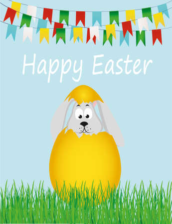 Easter bunny hatched from an egg. A rabbit is sitting in the grass. Garland of flags. Greeting card. Vectorのイラスト素材