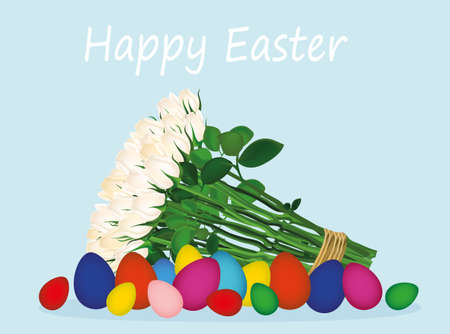 Easter colorful eggs. A bouquet of white flowers. Roses. A blank space for your text or advertising. Greeting card for the holiday. Vector. Free placeのイラスト素材