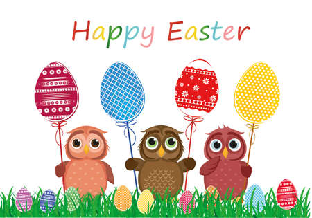 Owls keep Easter decorated eggs on a stick. Multicolored. Vector. Greeting card for the holiday. Empty space for text. Grass.のイラスト素材