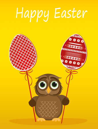 Owl keep Easter decorated egg on a stick. Multicolored. Vector. Greeting card for the holiday. Empty space for text. Grassのイラスト素材