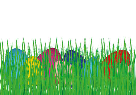 Greeting card with multi-colored Easter eggs in green grass. Free form for text or advertising. Vector. Invitation to the holidayのイラスト素材