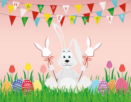 Cute rabbit with easter bunnies on a stick with red bows. The hare sits on a grass background of a garland of multi-colored flags. Invitation to a holiday. Vector. Free space for textのイラスト素材