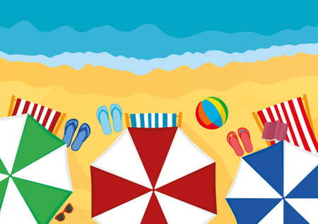 Concept of rest and travel. Umbrellas with sun loungers and slaps on the beach. Vectorのイラスト素材