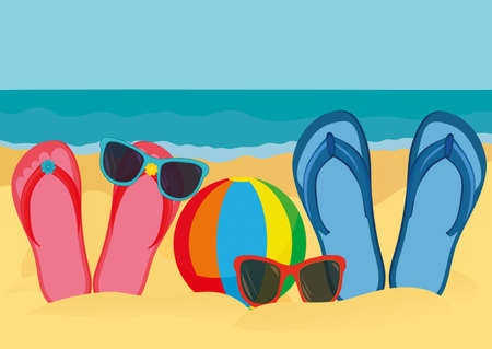 Flip-flops and sunglasses on the sandy shore of the ocean. Vector. Invitation to travel. Empty blank and space. Just a place for text or advertising. Rainbow Inflatable Ballのイラスト素材