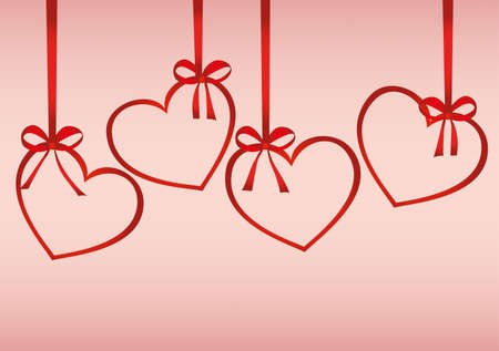 A ribbon in the shape of a hearts. Red bows. Greeting card or invitation for a holiday. St. Valentine's Day. Love. Empty place for text or advertising. Vectorのイラスト素材