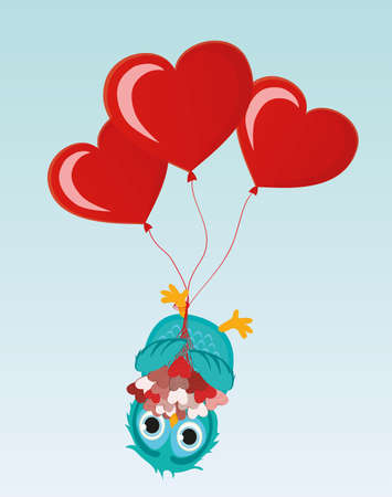 Greeting card or invitation for a birthday and a holiday. The owl with Bouquet of hearts hanging upside down on balloons. Vector. Empty space for text and advertisingのイラスト素材