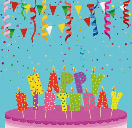 A festive big cake with candles. Letters Happy Birthday. Colorful Confetti . Greeting card or invitation for a holiday. Vectorのイラスト素材