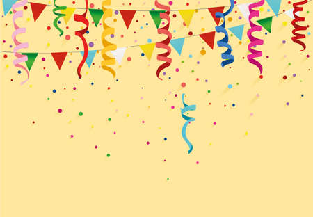 Colorful multicolored confetti and garland of flags. Holiday birthday. Vector. Greeting card or invitation.のイラスト素材