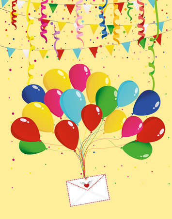 Air multicolored balloons raise an envelope or letter with hearts. Garland of flags and confetti. Valentine's Day. I love. Vector. Greeting card or invitation for a holidayのイラスト素材