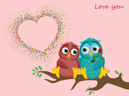 A pair of lovely owls in love, sit on a branch. Colorful confetti in the shape of heart. Greeting card for Valentine's Day and invitation to the wedding. The Vectorのイラスト素材
