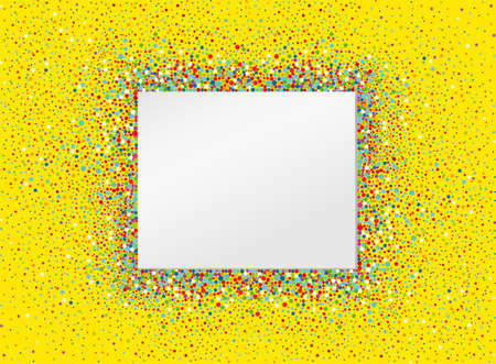 An empty invitation to a holiday in a heap of colorful confetti. Vector. Place for text or advertising. Greeting card for birthdayのイラスト素材
