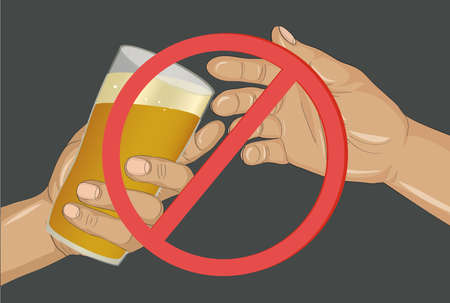 Stop the alcohol. A man offers a drink, holding a glass with beer in his hand.  Vector.Prohibiting red sign.のイラスト素材
