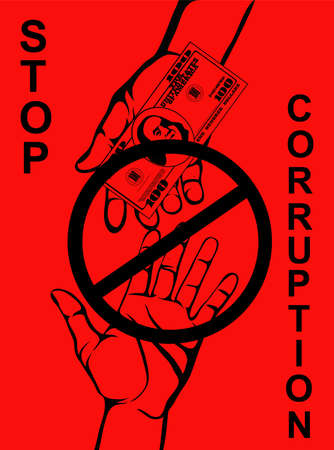 Corruption. Hand Keeps money dollars. Vector. Poster on red background.のイラスト素材