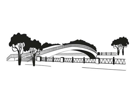 The bridge is silhouetted. Graphic style of linocut. Black and white. Vector illustrationのイラスト素材
