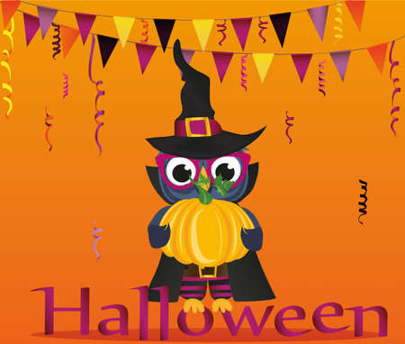 Halloween. Owl in a suit holds a pumpkin. Greeting card or invitation for a holiday. Empty place for your text or advertisement. vector illustration.のイラスト素材