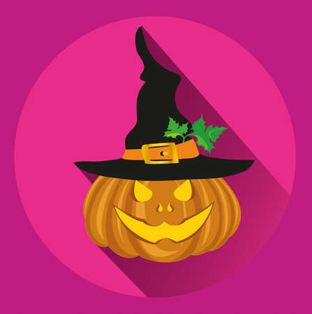 Halloween pumpkin with a black witch hat. Vector illustration. greeting card or invitation to a party and a party.のイラスト素材