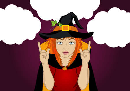 Halloween. Girl in hat and witch costume Gesture of hands up on a thinking bubble. Wow. Vector. Free space for your advertising. Pop Art. Discount and sale.のイラスト素材