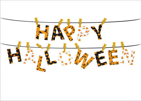 The letters and the inscription of a happy Halloween hang on clothespins on a rope or string. Vector. Festive garland. Greeting card or invitation to a party.のイラスト素材